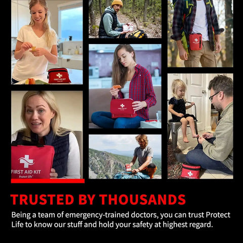 Collage of people using Go To 100 Piece First Aid Kit For Travel And Outdoors, Compact Emergency Medical Kit For various situations.
