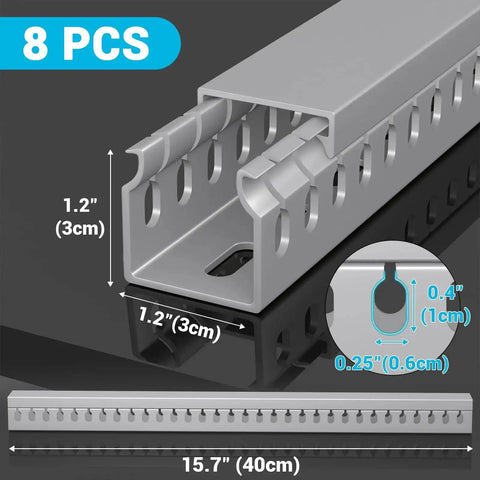 Close-up of Open Slot Wire Duct Kit for Desk and Server Racks, grey, 15.7 inch lanes, 8-pack, showing dimension details.