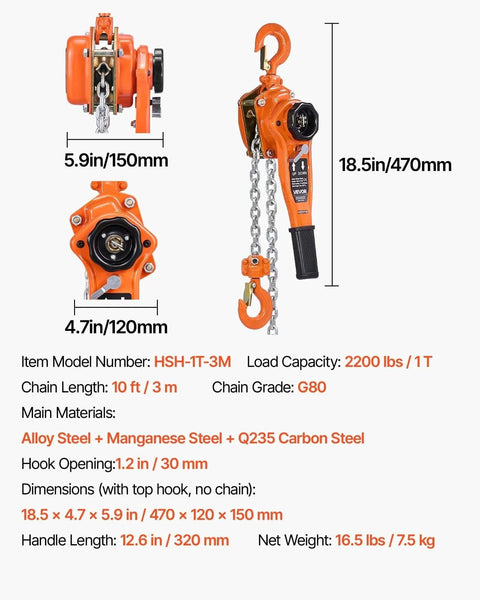 1 Ton Lever Chain Hoist With 10 Ft Lift G80 Chain Dual Pawl Mechanical Brake 360 Degree Hooks