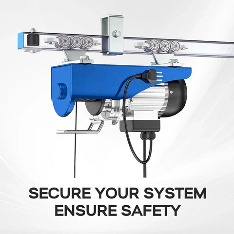 Installed electric hoist system with Unistrut Trolley Stopper Anti Fall For One And Five Eighths Inch Strut 2 Pack