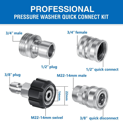 Premium Pressure Washer Quick Connect Kit With M22 Swivel To Three Eighths Inch Quick Connect And Three Quarters Inch Quick Release Adapters Stainless Steel Power Washer Fittings Set For Easy Hose Compatibility And Versatile Quick Connect Solutions displayed with components labeled