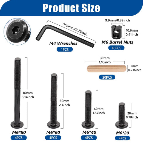 Heavy Duty Crib Screws Hardware Replacement Kit With M6 Barrel Nuts Dowel Pins And Hex Wrenches product size chart with dimensions