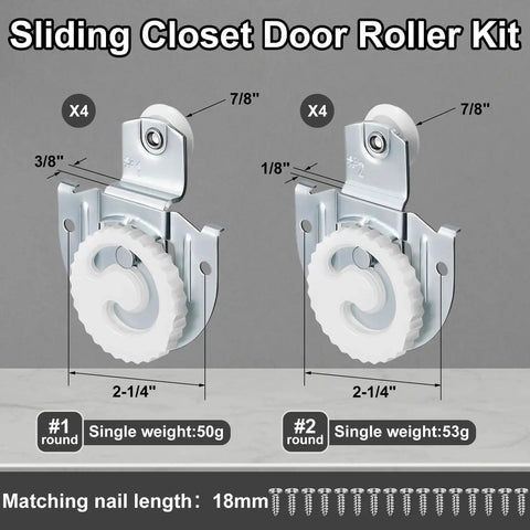 8 Pack Sliding Closet Door Rollers Kit For Wardrobe Cabinets With Hangers And Knob Adjustable Hooks image showing #1 and #2 rollers, matching nails.