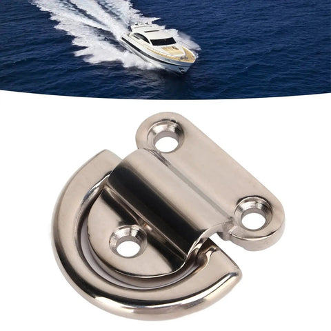 Close-up of stainless steel folding pad eye D-ring deck hardware for boats; marine-grade, corrosion-resistant