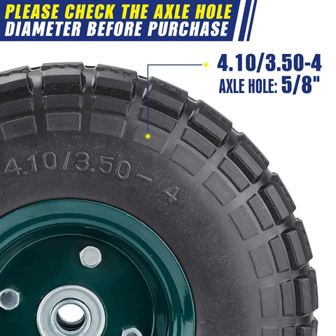 Close-up of a tire from Four Pack 10 Inch Flat Free Airless Tires With Five Eighth Inch Center Bearings, showing tread and axle size.