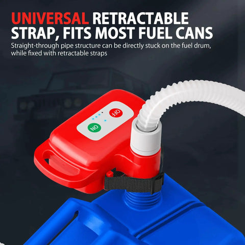Rechargeable Fuel Transfer Pump With Auto Stop And Leak Protection shown attached to a fuel can with retractable strap.