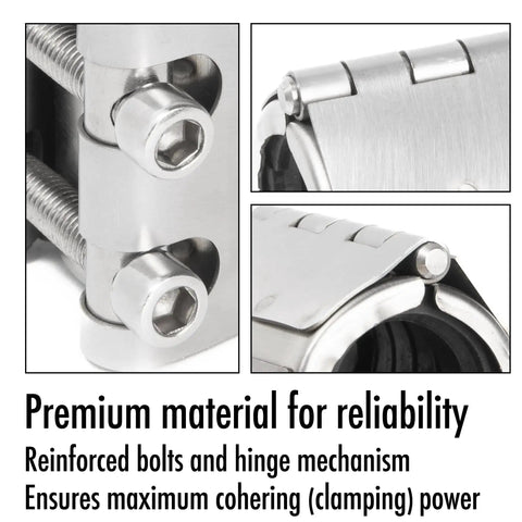 Close-up of heavy-duty SUS304 stainless steel emergency pipe repair clamp with rubber seal and reinforced bolts, 3/4 in OD and 1/2 in ID.