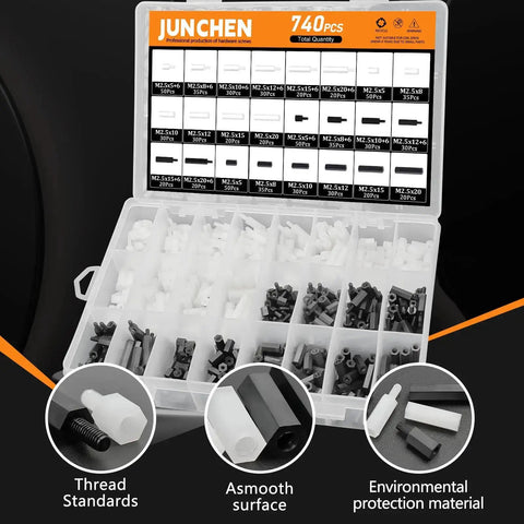 Open box displaying Nylon Hex Spacers And Standoffs Kit All In One, 740 Pieces Black And White M2.5 Assortment For PCBs And UAVs.