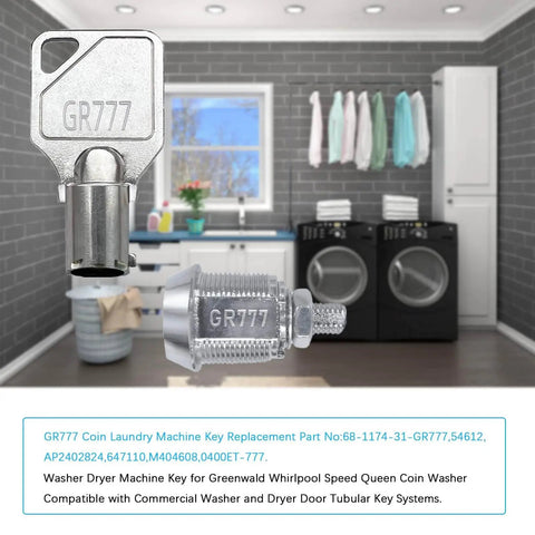 Premium Five Piece Coin Laundry Machine Key Set For GR777 GR800 GR888 GR100 GR999 Compatible With Greenwald Speed Queen Commercial Machines Waterproof Rustproof Corrosion Resistant Keys displayed in laundry room