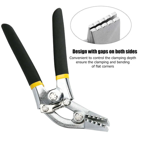Go To Sheet Metal Hand Seamer Pliers With Curved Handle For Bending And Flattening Seams, showing close-up of serrated jaws and rubber grip