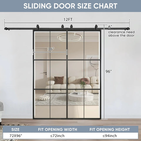 Double Barn Door Set 72 By 96 Inches With 12 Feet Hardware Kit Includes Two 36 By 96 Clear Tempered Glass Panels Aluminum Frame