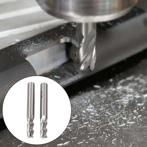 Workhorse HSS 4 Flute Milling End Mills Set With Straight Shank 7mm Cutter Dia 8mm Shank 63mm Overall Length 2 Pack For CNC Machining Metalworking And Woodworking Built To Last in action on metal surface, close-up view.