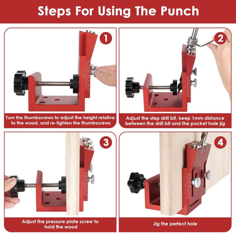 Pocket Hole Jig Kit With Adjustable Aluminum Pocket Hole System Portable Screw Jig Set For Woodworking And Carpentry Includes Three Eighths Inch Step Drill Bits Coarse Square Driver Screws And Wooden Hole Plugs step-by-step use guide