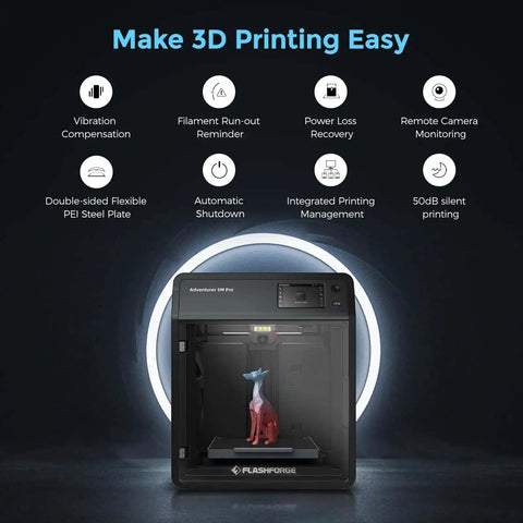 Adventurer 5M Pro High Speed Enclosed 3D Printer For Home And School displaying features on black background