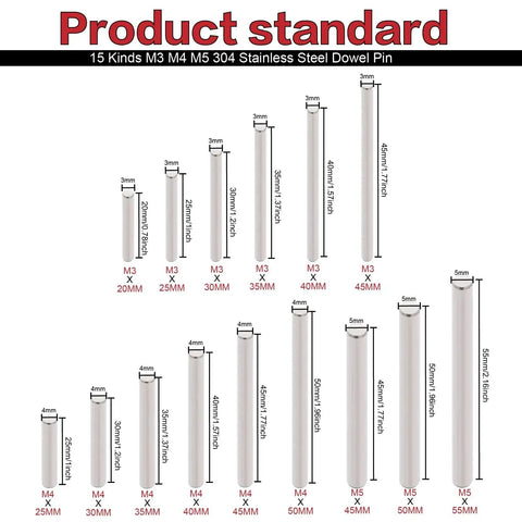 Visible sizes of Durable 150Pcs 15 Sizes 304 Stainless Steel Dowel Pin Set With Storage Box For Shelves M3 M4 M5 in diagram format.