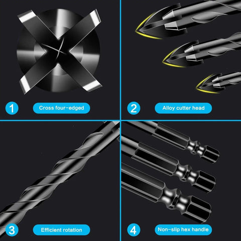 Masonry Drill Bit Set For Tile Brick Glass Plastic And Wood With Tungsten Carbide Tip 10 Pcs Anti Rust YG6X Alloy Precision Cross Angle Ground Tip For Clean Starts And Minimal Walk showing cross four-edged design, alloy cutter head, efficient rotation, and non-slip hex handle.