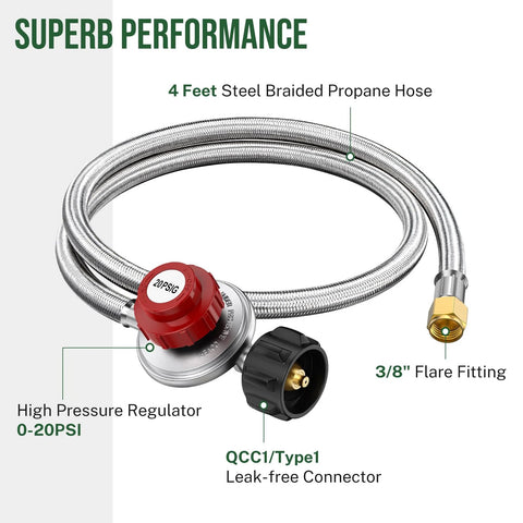 Alloxity 4ft steel braided propane hose with regulator, red knob, QCC1/Type1, 3/8 in flare fitting