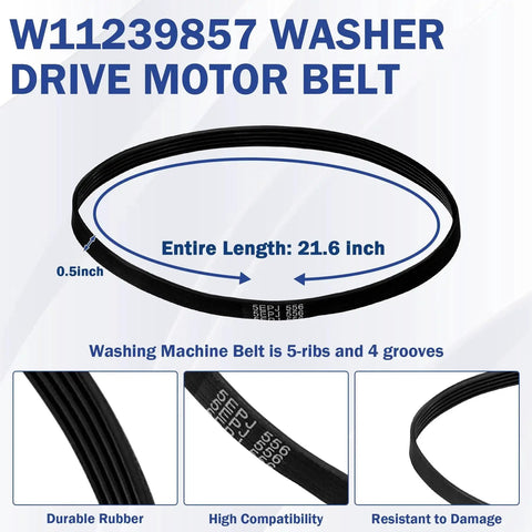 Washer drive belt replacement, front view, 21.6 inch length, 5-rib, durable rubber for top-load washers