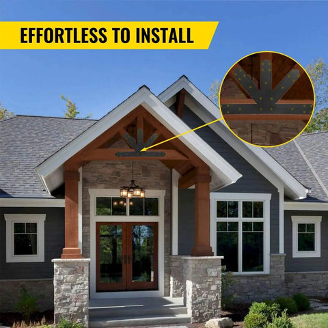 House with Beefed Up Heavy Duty Black Powder Coated Gable Plate And 12 By 12 Pitch Gable Bracket Set installed on front gable