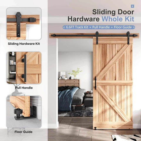 EaseLife Six Point Six Foot Sliding Barn Door Track And Hardware Kit with straight pulley, wood door installed view