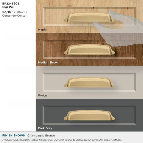 Champagne Bronze Cup Cabinet Pull 5 1 16 Inch Center To Center 6 3 8 Inch Overall Length Stature Collection shown on wood finishes