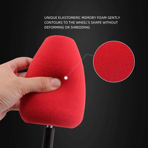 Close-up of red foam pad on Cylindrical Drill Polishing Tool For Wheels And Hubs With Foam Sponge Pads Buffing Wheel Auto Car Rim Polisher