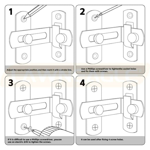 Installation diagram for 2 Pack 90 Degree Flip Sliding Barn Door Lock For Barn Doors And Cabinets, Privacy And Security Lock.