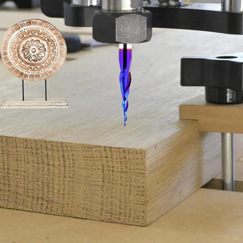 Pro Grade Ball Nose CNC Router Bit For Wood Carving And Engraving, 1/4 Inch Shank, 1/32 Inch Tip Diameter in use on wood.