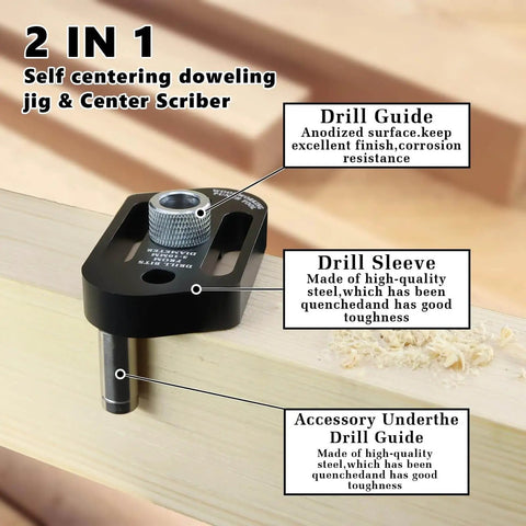 Self Centering Woodworking Drill Guide For Precise Mortise Positioning Handheld Drill Locator shown with drill guide and sleeve on wood surface.