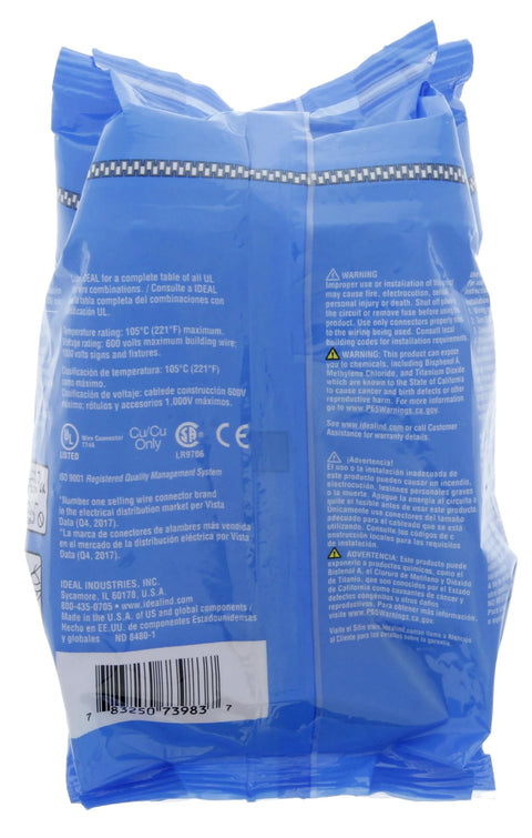 Ideal In-Sure 3-Port push-in wire connectors in a blue bag, color-coded, bag of 100