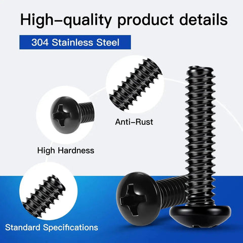 Close-up of black oxide 304 stainless steel screws from 381 Piece Machine Screws Nuts And Bolts Kit With Case DIY Ready For Quick Repairs.