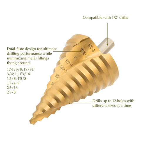 Titanium-Coated HSS Step Drill Bit Set For DIYers, Spiral Groove Design, Twelve Sizes From One Quarter Inch To Two And Three Eighths Inch
