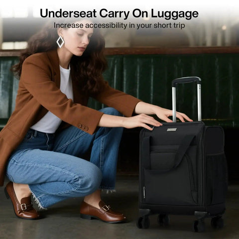 Woman with Underseat Carry On Luggage With Wheels Airline Approved 16 Inch Softside Spinner Case Lightweight Black MILADA