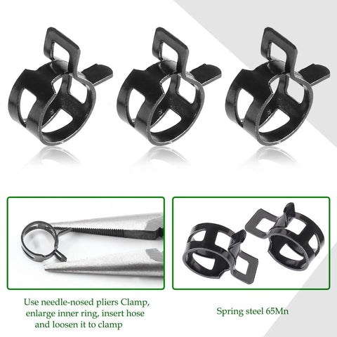 Spring hose clamps, black steel for 6.5–7.2 mm OD hoses; includes needle-nose pliers for installation.