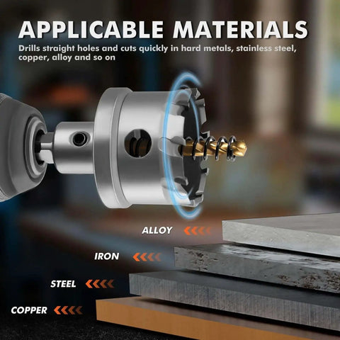 Pro Grade Tungsten Carbide Tipped Hole Saw Kit For Metal Sixteen Piece Set Heavy Duty shown drilling into metal sheets