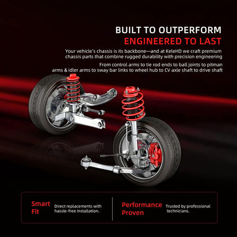 Front view of chassis parts with suspension and wheel assembly, highlighting premium durability and engineered performance features.