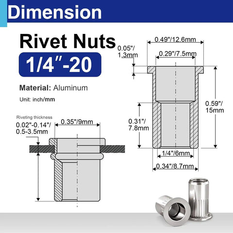 Diagram and sample of 1/4-20 Aluminum Rivet Nuts Set With Threaded Inserts Rivnuts UNC Nutserts, dimensions indicated.