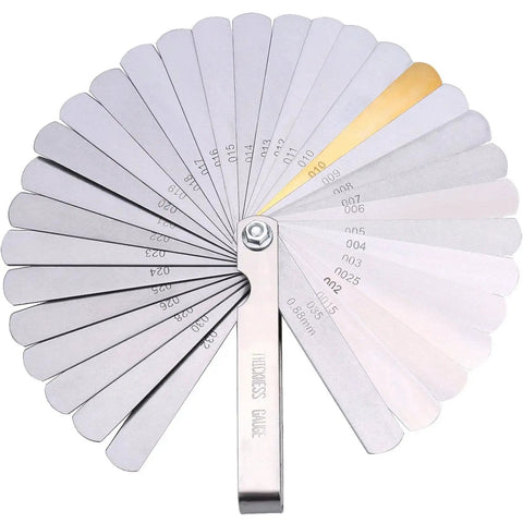 32 Stainless Steel Blades Feeler Gauge Dual Marked Metric And Imperial Gap Gauge for precise clearance checks, fanned out