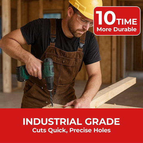 Worker using Auger Drill Bit Set For Wood Eight Piece Hex Shank in construction, highlighting durability, with focus on precision.