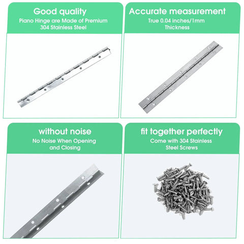 Image showcasing 2 Pack Heavy Duty 12 Inch Piano Hinges with Holes Polished 304 Stainless Steel Durable Marine Grade Hardware with screws