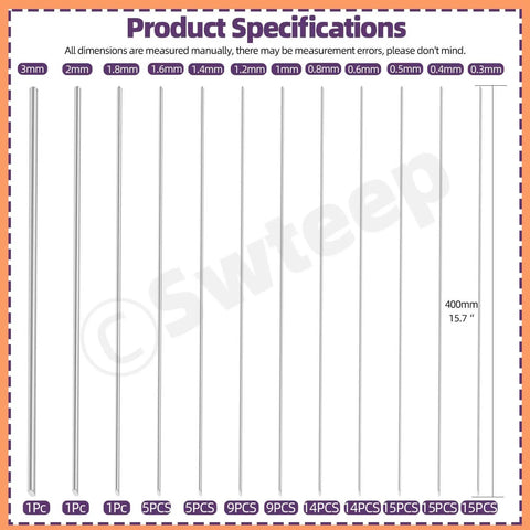 Precision Stainless Steel Rod Set with 104 Pcs in 12 Sizes From 0.3 Mm To 3 Mm 40 Cm Length Ideal for DIY Projects Makers Jewelry Building Prototyping and Metalworking Swpeet, showing product specifications with rods lined up by size from 0.3 mm to 3 mm and length of 40 cm.
