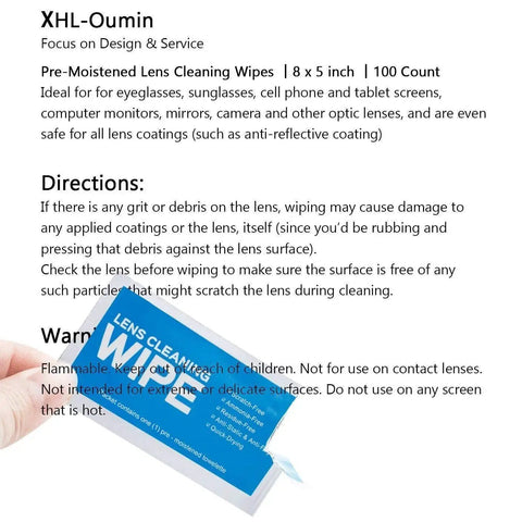 Hand holding blue packet of Pre Moistened Streak Free Monitor Wipes For Screens Glasses Lenses And Devices