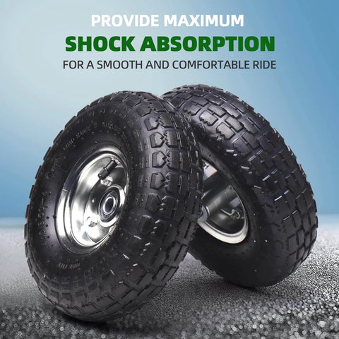 Two Pack 10 Inch Pneumatic Tire And Wheel Assembly 4.10/3.50-4 With 5/8 Inch Axle Bore And 2.2 Inch Offset Hub, side view