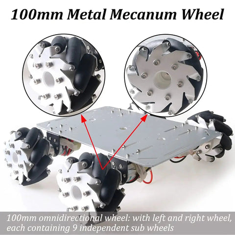 100mm Mecanum Wheel 4WD Metal Car Chassis Kit with omnidirectional wheels and high torque 37 encoder DC motors for projects.