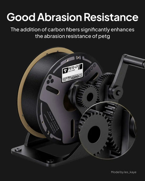 Carbon Fiber Reinforced PETG Filament 1.75mm 1kg Spool For FDM 3D Printers, showcasing abrasion resistance with gear models.