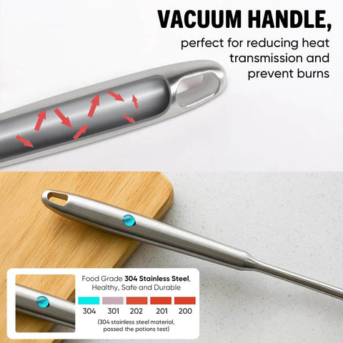 Close-up of ergonomic vacuum handle on 304 stainless steel spaghetti server with teeth and pasta spoon, rustproof and durable.