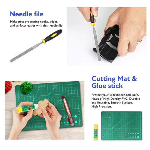 Complete 45 Piece 3D Printer Tools Kit showing needle file, cutting mat, and glue stick for finishing and cleaning.