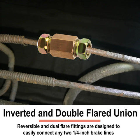 Brass 1/4 in brake line union fitting with dual hex nuts and 7/16-24 threads