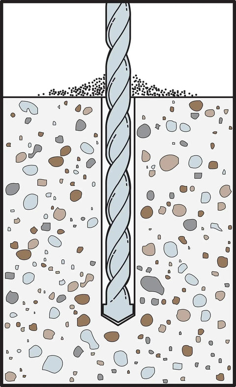 Illustration of a drill bit penetrating concrete for Titen HD 1/4 In X 3-1/2 In Zinc-Plated Countersunk Head Heavy-Duty Screw Anchor 50-Pack