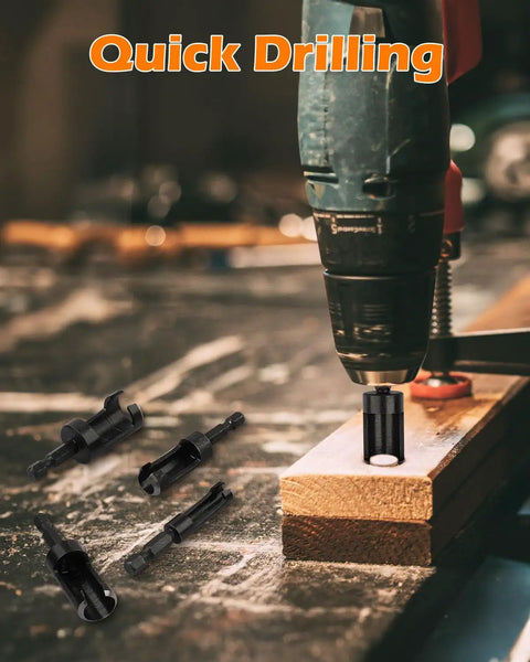 Drill with Pro Wood Plug Cutter Set For Woodworking Pros With Straight And Tapered Cutters In Four Sizes on wooden plank